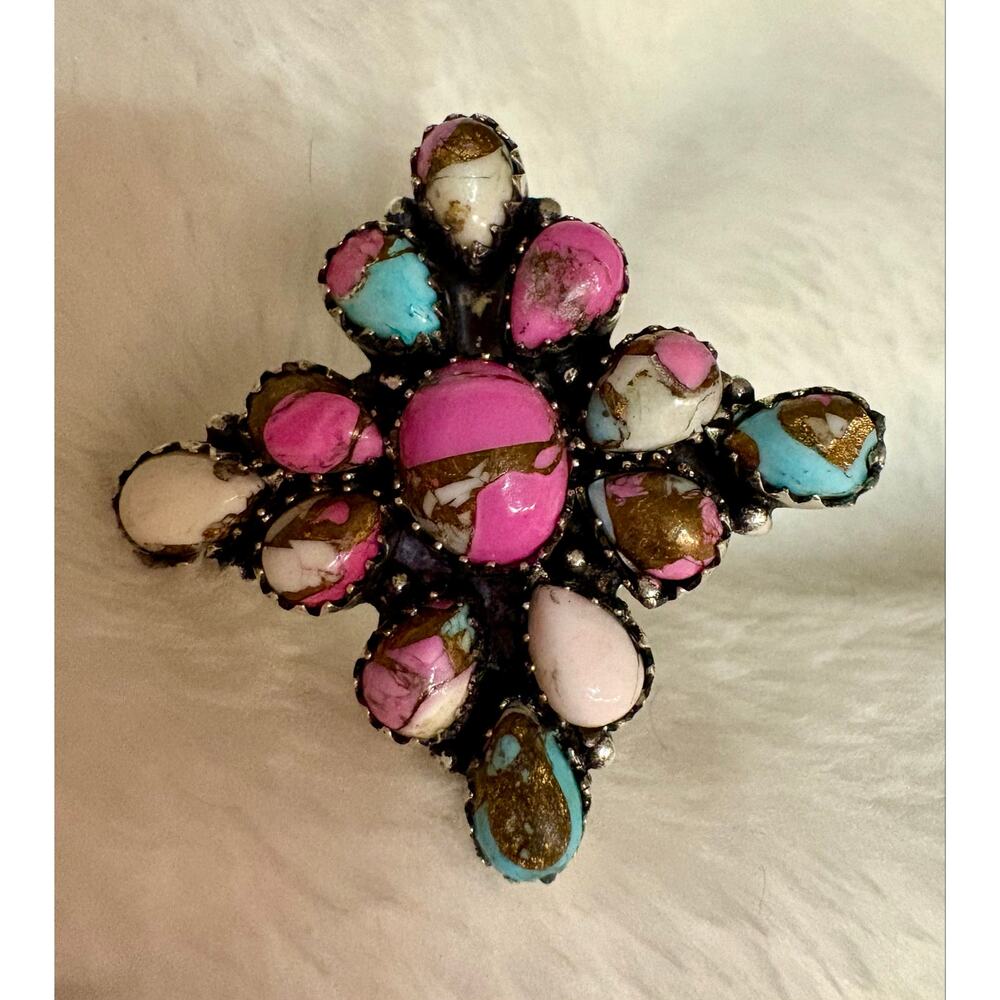 Cotton Candy Turquoise Cluster Ring Sterling Silver Size 8 Boho - Picture 5 of 6